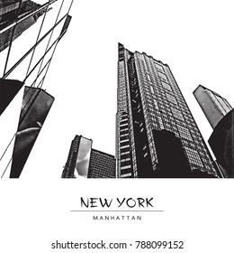 New York City, Times square. Vector drawing of a street in downtown in engraving style. Black and white illustration of cityscape with famous skyscrapers.
Perspective view up. 