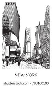 New York City, Times square. Vector drawing of a street in downtown in engraving style. Black and white illustration of cityscape of famous place.