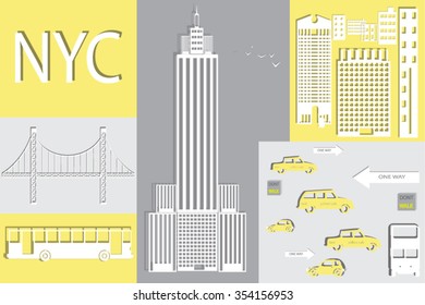 New York city travel guide cover in style of paper cut.