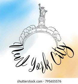 New York City travel logo. Colored skyline vector sketch watercolor background and typo.