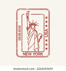 New York City travel stamp with The Statue of Liberty. Passport seal with grunge texture. USA symbol. Vector illustration.