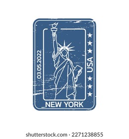New York City travel stamp with The Statue of Liberty. Passport seal with grunge texture. USA symbol. Vector illustration.
