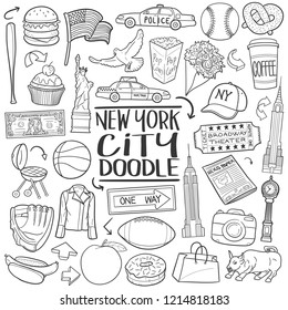 New York City Travel  Traditional Doodle Icons Sketch Hand Made Design Vector