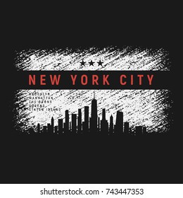 New York City t-shirt and apparel grunge style design with skyline silhouette. Vector print, typography, poster, emblem.