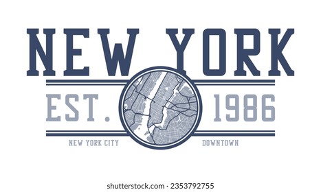 New York city t-shirt design with NYC map. Typography graphics for tee shirt and apparel print with New York map and slogan. Vector illustration.