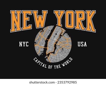 New York city t-shirt design with NYC map. Typography graphics for tee shirt and apparel print with New York map and slogan. Vector illustration.