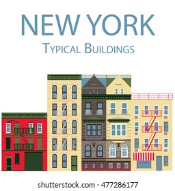 Edificios y casas típicos de la ciudad de Nueva York diseño plano simple colores adorables color amarillo marrón rojo verde lindo real Nueva York ilustración vectorial cinco marrón vectorial caminar por la calle americana tradicional