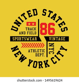 New York City, typography, badge for t-shirt print. Varsity style t-shirt graphics. College, vectors