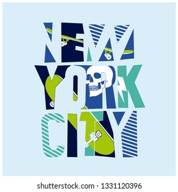 New York City Typography. Cool t-shirt design.Skateboard, skull drawing.Vector print.