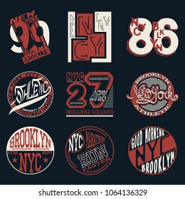 New York City Typography Graphics logo set, T-shirt Printing Design; NYC original wear, Vintage Print for sportswear apparel.