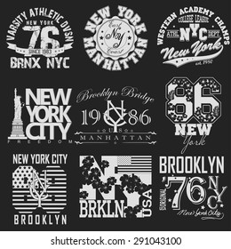 New York City Typography Graphics logo set, T-shirt Printing Design; NYC original wear, Vintage Print for sportswear apparel - vector illustration