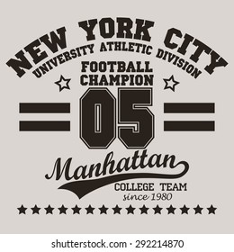 New York City Typography Graphics logo, T-shirt Printing Sport Number Design; Football original wear, Vintage Print for sportswear apparel - vector illustration