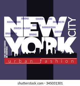 New York city Typography Graphics. Fashion stylish printing design for sportswear apparel. NYC original wear. Concept in modern graphic style for print production. Skyline of Manhattan. Vector