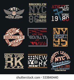 New York City Typography Graphics logo set, T-shirt Printing Design; NYC original wear, Vintage Print for sportswear apparel.