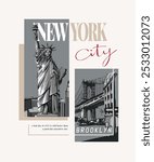 new york city typography slogan with Statue of Liberty and brooklyn bridge graphic vector illustration for fashion print