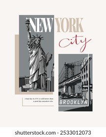 new york city typography slogan with Statue of Liberty and brooklyn bridge graphic vector illustration for fashion print