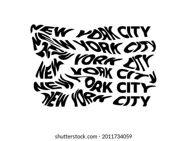 New York City typography text or slogan with wavy letters. T-shirt graphic with ripple or glitch effect. Abstract print, banner, poster, emblem design. Vector illustration.