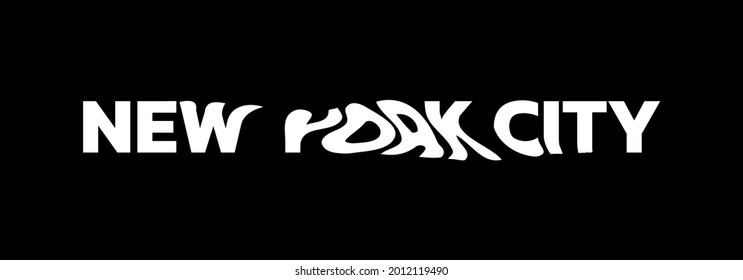 New York City typography text or slogan with wavy letters. T-shirt graphic with ripple or glitch effect. Abstract print, banner, poster, emblem design. Vector illustration.