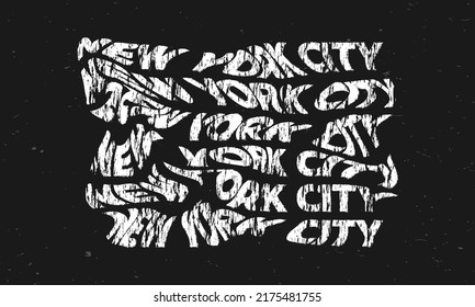 New York City typography text or slogan. Wavy letters with grunge, rough texture. T-shirt graphic with ripple or glitch effect. Abstract print, banner, poster, emblem design. Vector illustration.