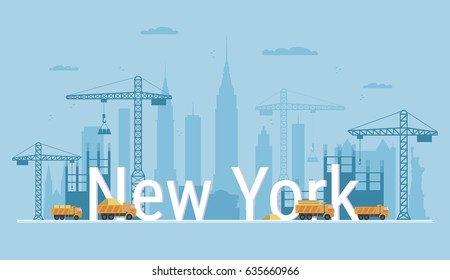 Nueva York en construcción. Cartel de estilo plano. Proceso moderno de construcción y entrega de materiales de construcción. Gran área de construcción. Ilustración abstracta vectorial con grúas y coches de construcción.