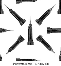 New York City, US - 02.01.2018: Hand Drawn Sketch Style Empire State Building. Seamless Pattern. Vector Illustration Isolated On White Background.