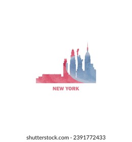 Nueva York City US acuarela paisajes horizontales de la ciudad de los EE.UU. vector panorámico icono de logotipo moderno plano. EEUU, NY State of America emblema con monumentos y siluetas de construcción. Gráfico rojo y azul aislado