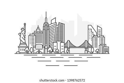 New York city, USA architecture line skyline illustration. Linear vector cityscape with famous landmarks, city sights, design icons. Landscape with editable strokes.