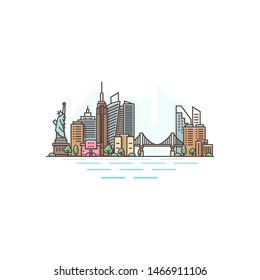 New York city, USA architecture color line skyline illustration. Linear vector cityscape with famous landmarks, city sights, design icons. Landscape on white background.