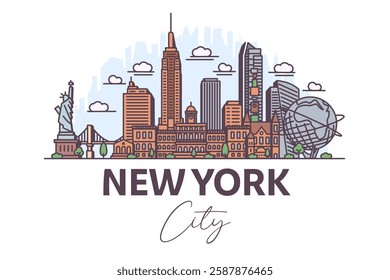 New York city, USA architecture color line skyline illustration. Linear vector cityscape with famous landmarks, city sights, design icons. Landscape on white background.