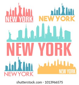 New York City USA Flachbild-Skyline Silhouette Design City Vector Art Berühmte Gebäude Farbset