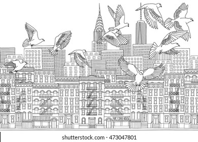 New York City, USA - hand drawn black and white cityscape with birds