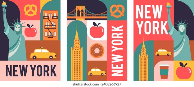 Nueva York, EE.UU. ilustración, fondo, afiche y diseño de pancartas. Ilustración vectorial del concepto de estilo moderno geométrico