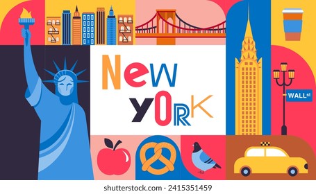 Nueva York, EE.UU. ilustración, fondo, afiche y diseño de pancartas. Ilustración vectorial del concepto de estilo moderno geométrico