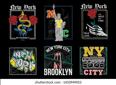 New York City USA NYC set collection fashion trendy hipster souvenir print design for street wear clothes sweatshirt bomber t shirt poster sticker badge patch. Modern abstract vector illustration.