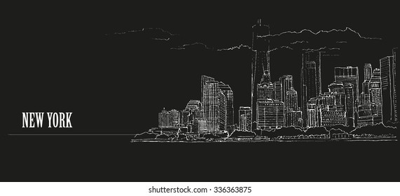 NEW YORK CITY, USA: New York city, panoramic view. Hand drawn sketch, invert, vector