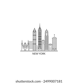 New York City USA skyline, horizon logo. Panorama, US NYC state icon, abstract landmarks, skyscraper, buildings. United States of America isolated thin line graphic, vector clipart