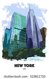 NEW YORK CITY, USA: Skyscrapers around Bryant park. Hand drawn sketch