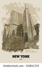 NEW YORK CITY, USA: Skyscrapers around Bryant park. Hand drawn sketch