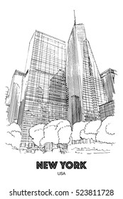 NEW YORK CITY, USA: Skyscrapers around Bryant park. Hand drawn sketch