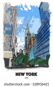 NEW YORK CITY, USA: View to the 42nd street, Bryant park. Hand drawn sketch