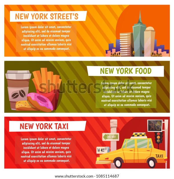 New York city Vector banners with flat\
icons Fast food, streets, city line, yellow\
taxi