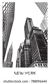 New York City. Vector drawing of a street in downtown in engraving style. Black and white illustration of of famous place.
Perspective view up.  