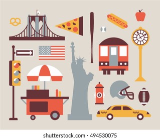 Ciudad de Nueva York, ilustración plana vectorial, conjunto de iconos: semáforo, bandera, tienda, puente, pizza, estatua de libertad, béisbol, perro caliente, tren, manzana, reloj, rugby, coche Vector de stock