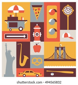 New York City, Vector Flat Illustration, Icon Set: Shop, Pizza, Hydrant, Traffic Light, Clock, Cap, Road Sign, The Statue Of Liberty, Saxophone, Apple, Car, The Brooklyn Bridge