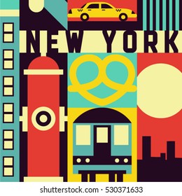 New York City, vector flat illustration, icon set: building, hydrant, train, landscape, car