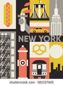 New York City, vector flat illustration, icon set, poster. Hot dog, Statue of Liberty, Empire State Building, hydrant, train, cityscape