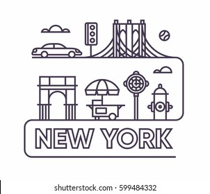 New York City, vector flat illustration, icon set, travel background. Road, taxi, shop, traffic light, baseball, Brooklyn Bridge, hydrant