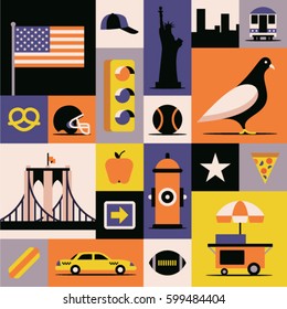 New York City, vector flat illustration, icon set, travel background. Rugby, road sign, apple, hot dog, dove, house, taxi, shop, flag, traffic light, baseball, Brooklyn Bridge, hydrant, pizza, flag