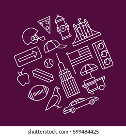 New York City, vector flat illustration, icon set, travel background. Rugby, road sign, apple, hot dog, dove, house, taxi, shop, flag, traffic light, baseball, cap, Brooklyn Bridge, hydrant, pizza