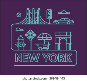 New York City, vector flat illustration, icon set, travel background. Road, taxi, shop, traffic light, baseball, Brooklyn Bridge, hydrant